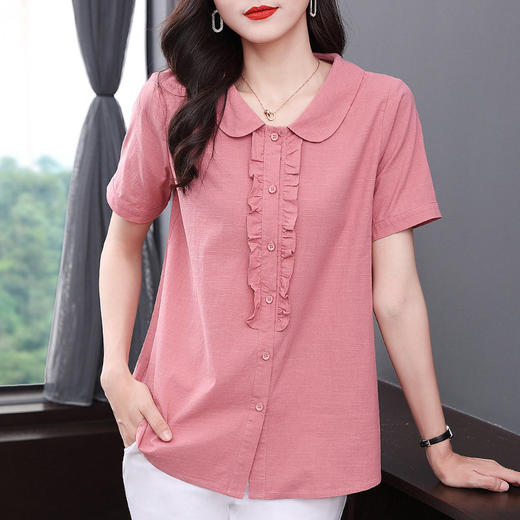 女士短袖衬衫棉麻大码遮肚子2026新款休闲衬衣夏季宽松娃娃领上衣 商品图1
