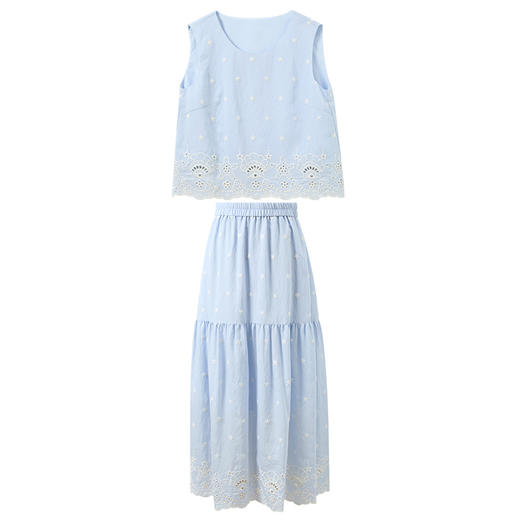 三彩2026夏季新款刺绣套装圆领无袖上衣松紧腰半身裙M 商品图4