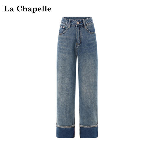 天猫同步【时髦卷边！】拉夏贝尔/La Chapelle梨型显瘦高腰一粒扣裤袢卷边设计棉质九分直筒百搭牛仔裤 商品图0