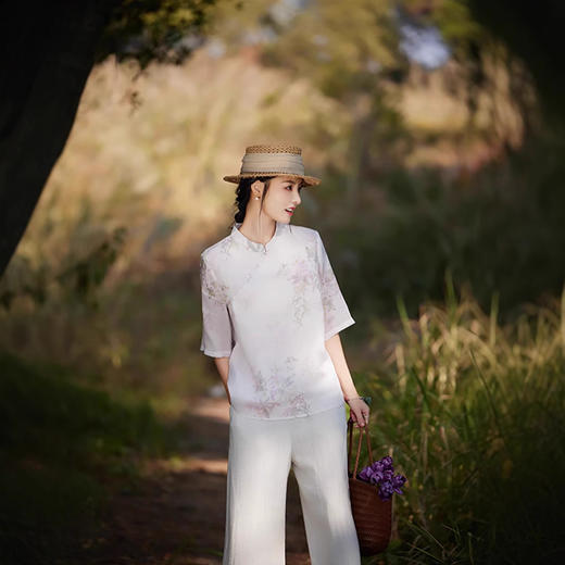中国风复古小众独特设计立领盘扣，新中式衬衫苎麻印花宽松上衣TT-96311 商品图1