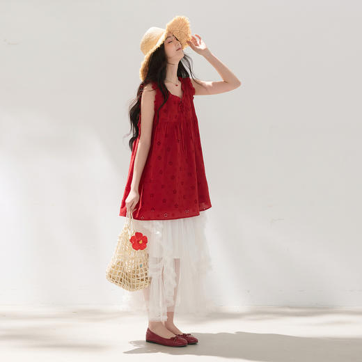 【100棉】三彩2026夏季新款镂空绣花小衫宽松系带娃娃衫上衣M 商品图2