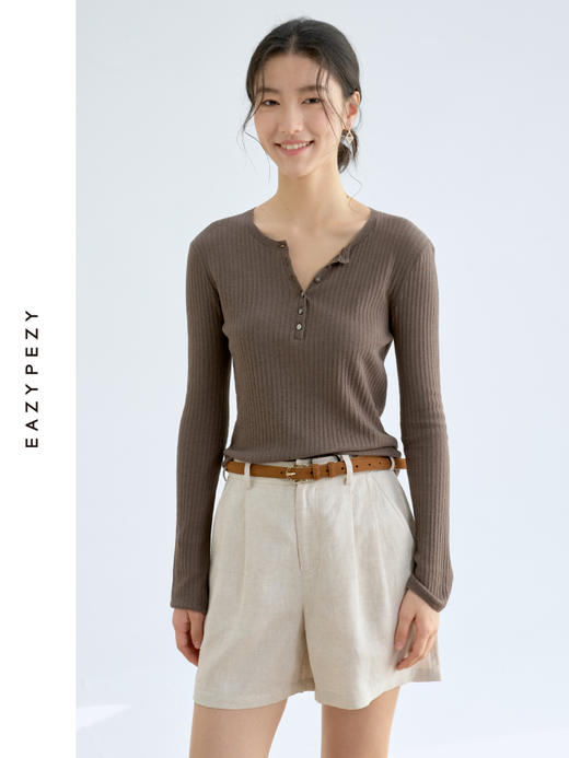 亚麻棉精纺修身亨利V领长袖针织衫 商品图3