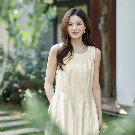 【林栖设计小店】【林栖推荐】新品夏法式复古蕾丝拼接缎面无袖连衣裙N1962236 商品图5