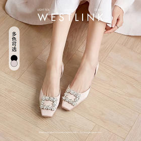 西遇水钻浅口单鞋女2026夏季新款方形扣粗跟百搭通勤方头中空凉鞋V0666395