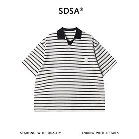 SDSA男装2026新款高贵轻奢宽松撞色条纹小V翻领短袖T恤百搭时尚