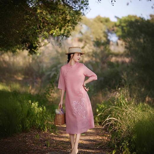 苎麻连衣裙洋气减龄七分袖，立领盘扣改良旗袍裙中长裙TT-96258 商品图0