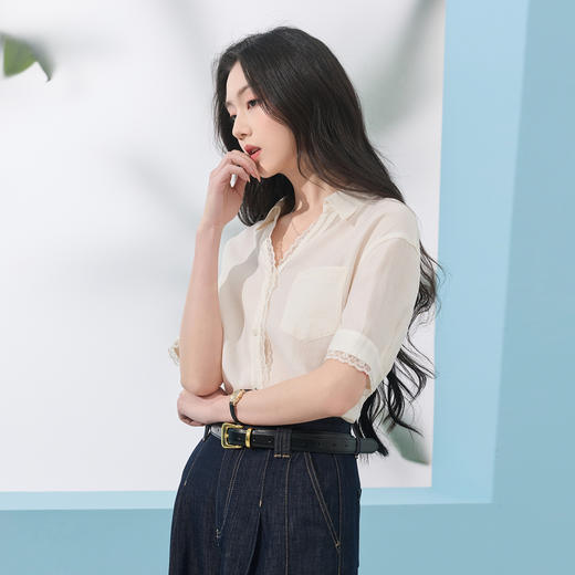 三彩2026夏季新款花边拼接衬衫翻领中袖衬衣宽松上衣S 商品图3