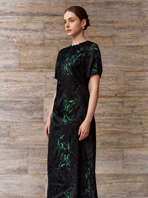 【国风竹叶印花真丝裙】26年春夏新品女士桑蚕丝中长款印花连衣裙 商品图1