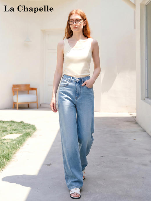 天猫同步【丝滑、垂顺牛仔】拉夏贝尔/La Chapelle通勤显瘦单扣后腰撞色标简约设计感微弹直筒牛仔裤 商品图1