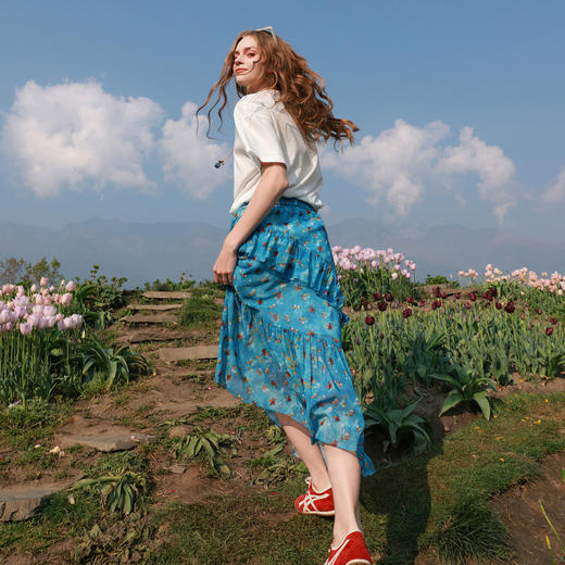 三彩2026夏季新款高腰半身裙印花荷叶边雪纺裙长裙A字裙显瘦M 商品图1