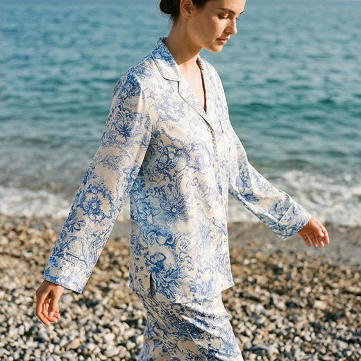 【岚风入梦bleu et blanc】soie jardin3#蓝牡丹蓝色印花桑蚕丝女睡衣套装两件套桑蚕丝家居服S322TC 商品图8