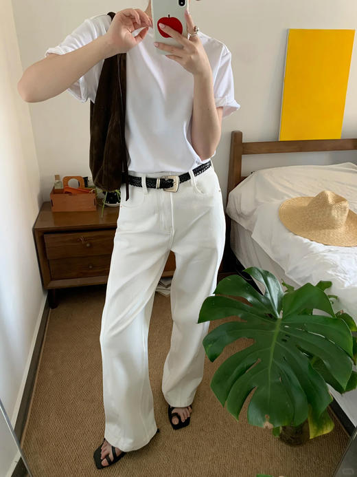 专柜实拍【露丝同款】拉夏贝尔/La Chapelle质感牛仔！复古单扣口袋后撞色标直筒阔腿白色净版牛仔裤 商品图5