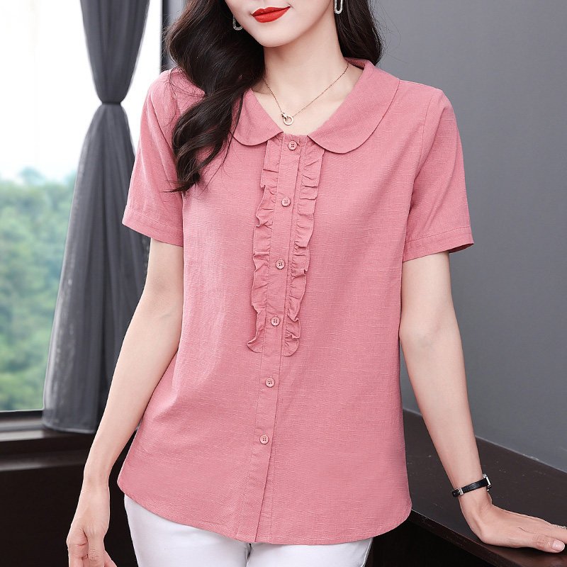 女士短袖衬衫棉麻大码遮肚子2026新款休闲衬衣夏季宽松娃娃领上衣