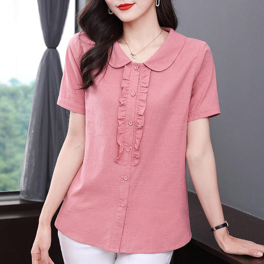 女士短袖衬衫棉麻大码遮肚子2026新款休闲衬衣夏季宽松娃娃领上衣 商品图0