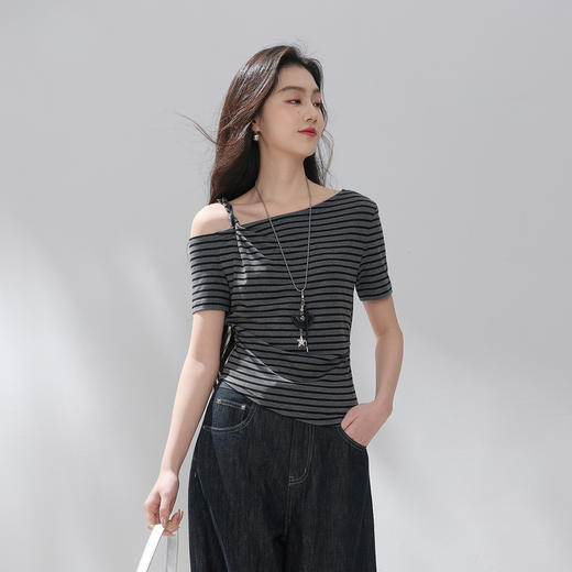 【莱赛尔】三彩2026夏季新款设计感不对称露肩上衣条纹T恤套头衫M 商品图2