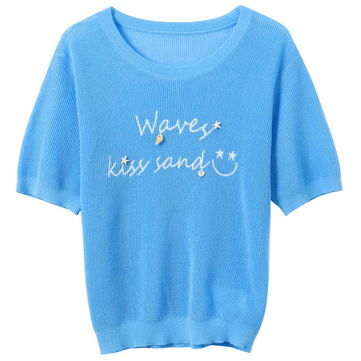 三彩2026夏季新款绣花字母针织衫上衣圆领短袖休闲短款套头M 商品图4