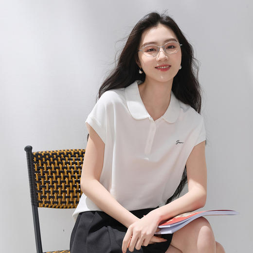 三彩2026夏季新款减龄娃娃领上衣绣花短袖T恤简约套头衫M 商品图2