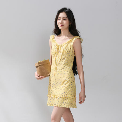 【100棉】三彩2026夏季新款碎花连衣裙木耳边收腰A字裙短裙M 商品图3