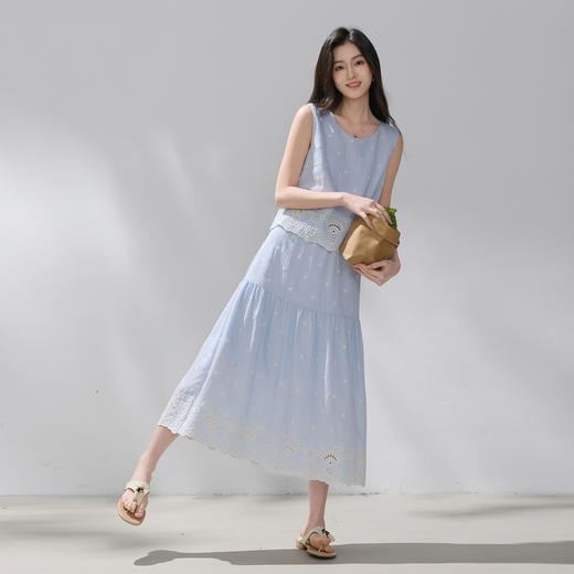 三彩2026夏季新款刺绣套装圆领无袖上衣松紧腰半身裙M 商品图2