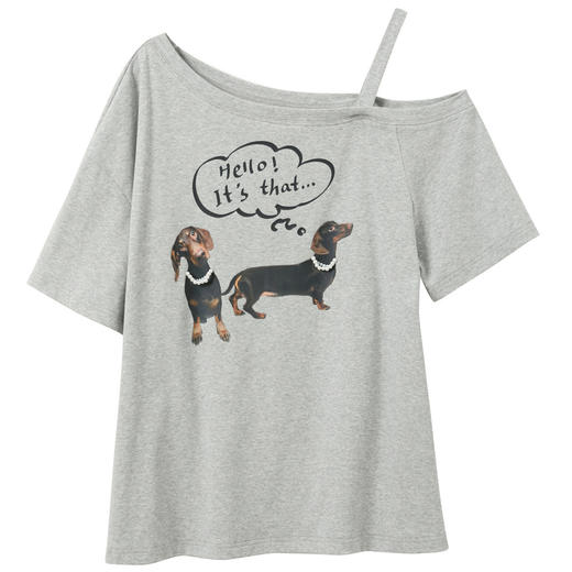 三彩2026夏季新款设计感不对称露肩上衣T恤腊肠狗印花宽松M 商品图4