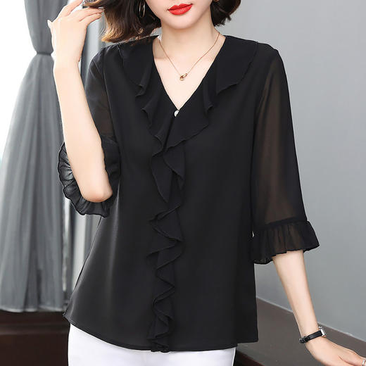 2026新款春季大码雪纺衫女衬衫时尚气质荷叶边小衫女士七分袖衬衣 商品图1