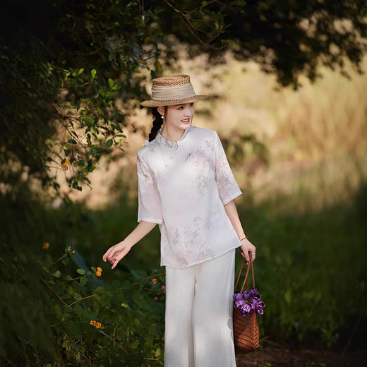 中国风复古小众独特设计立领盘扣，新中式衬衫苎麻印花宽松上衣TT-96311 商品图0
