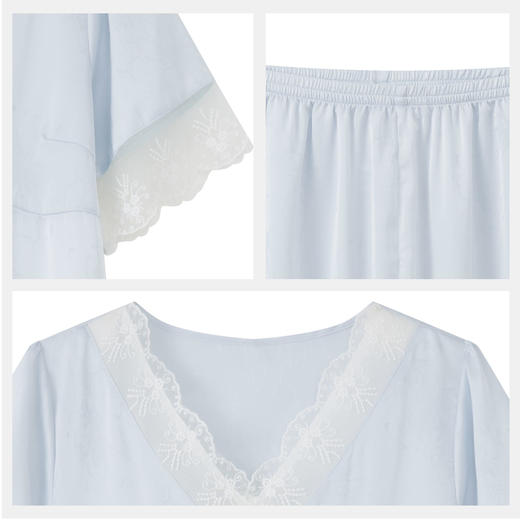 【7.5折限时特惠】【秀黛】女V领仿丝短袖提花套装提花V领绣花边优雅文艺女士夏季睡衣家居服W2551041T【门店同款】 商品图4