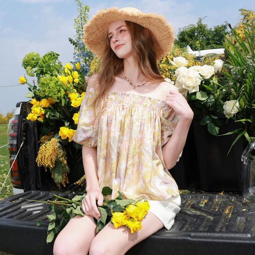 三彩2026夏季新款印花小衫宽松娃娃衫泡泡袖方领套头上衣M 商品图3