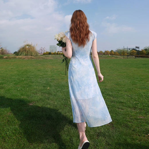 三彩2026夏季新款雪纺裙海洋印花连衣裙收腰A字裙长裙M 商品图3