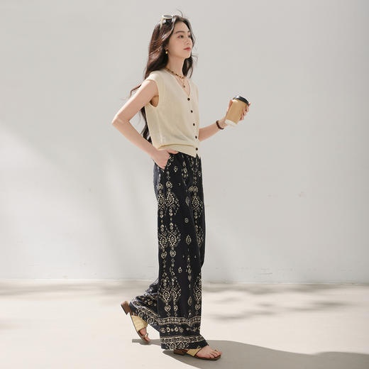 【民族风印花阔腿裤】三彩2026夏季新款休闲裤高腰宽松长裤垂感M 商品图1
