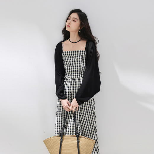 三彩2026夏季新款格纹吊带裙无袖收腰A字裙法式长裙M 商品图2