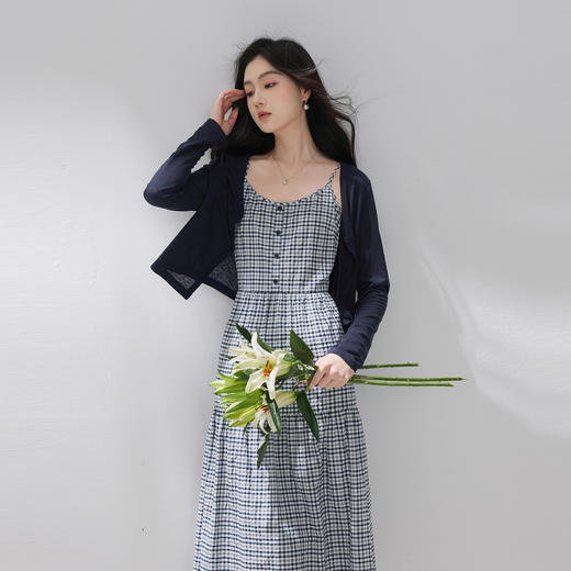 三彩2026夏季新款格纹吊带裙套装针织开衫外套中长裙两件套M 商品图1