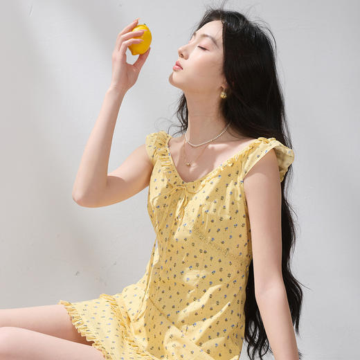 【100棉】三彩2026夏季新款碎花连衣裙木耳边收腰A字裙短裙M 商品图2