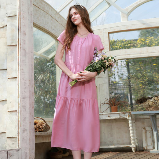 【醋酸】三彩2026夏季新款法式蛋糕裙荷叶袖宽松长裙M 商品图3