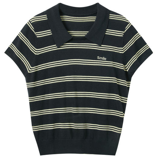 【莱赛尔】三彩2026夏季新款短袖翻领条纹针织衫套头上衣M 商品图4