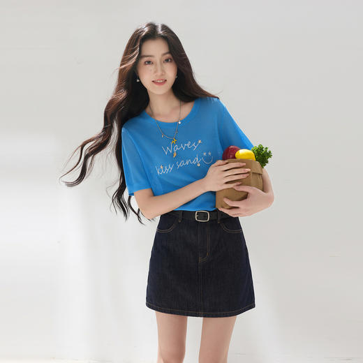 三彩2026夏季新款绣花字母针织衫上衣圆领短袖休闲短款套头M 商品图1