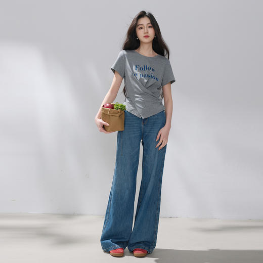 三彩2026夏季新款设计感收腰上衣短款字母印花T恤圆领短袖M 商品图2