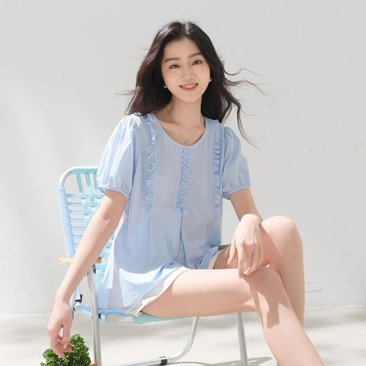 三彩2026夏季新款木耳边圆领泡泡袖小衫宽松娃娃衫清新上衣M 商品图1