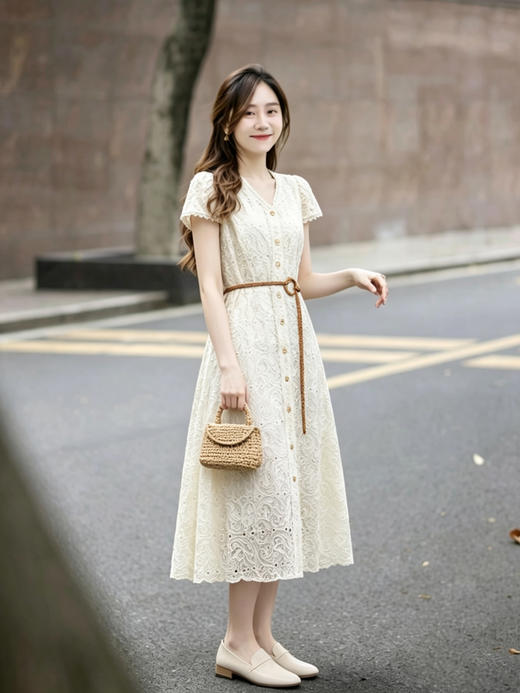 【百图lulu定制】【南法连衣裙】重工蕾丝 刺绣 V 领带腰带 短袖连衣裙 商品图4