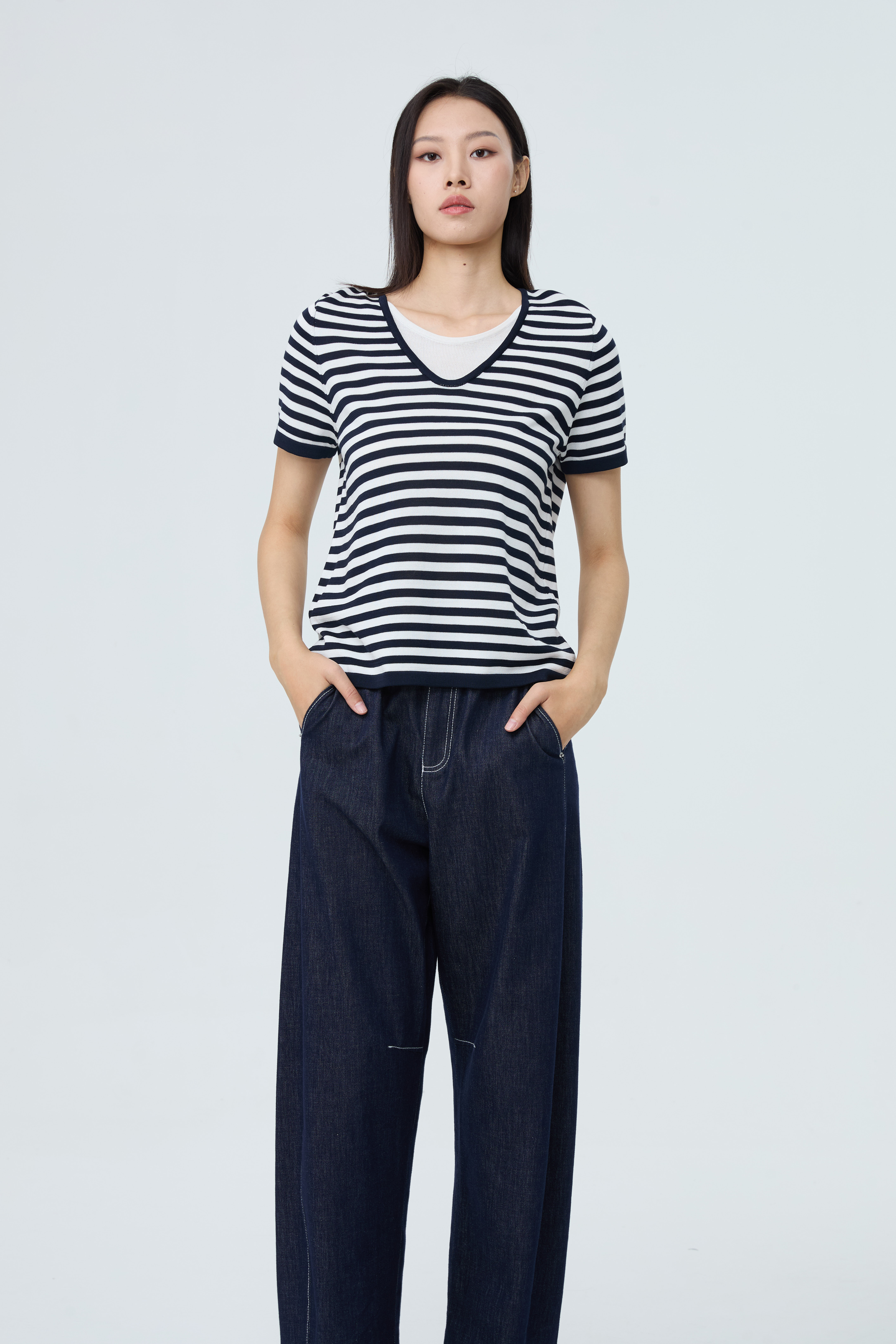 水淼2026夏休闲假两件条纹短袖薄毛织衫2424