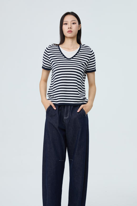 水淼2026夏休闲假两件条纹短袖薄毛织衫2424 商品图0