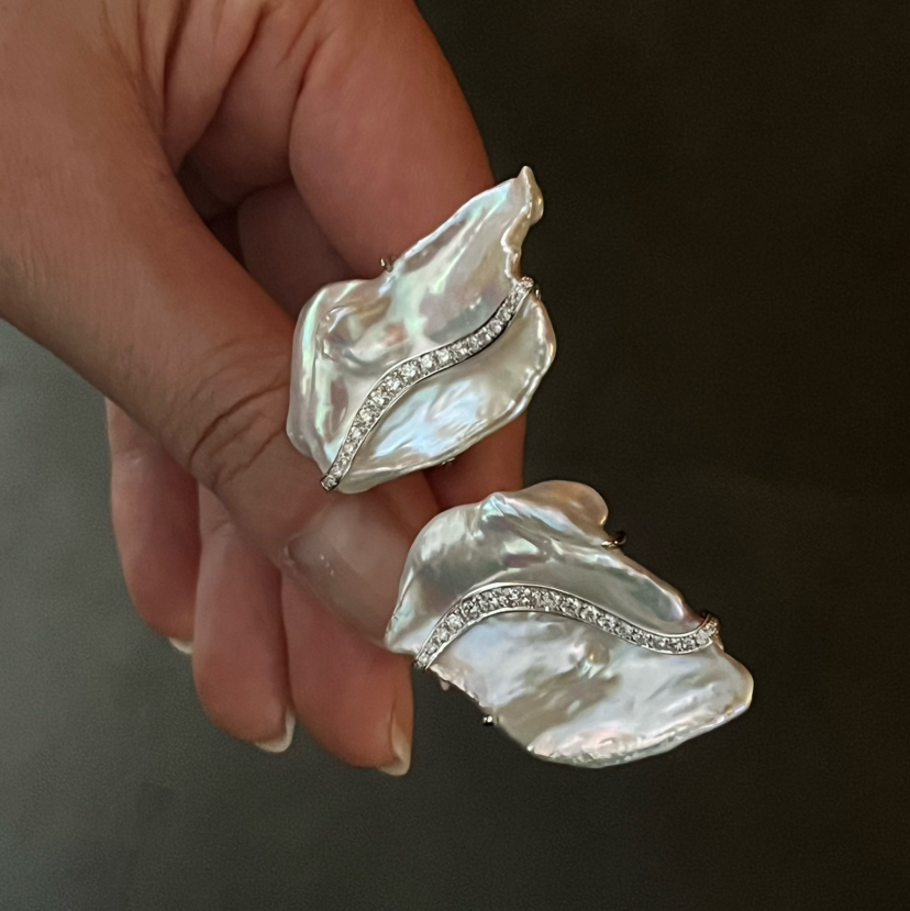 BY EVITA系列 巴洛克风格 18K镶钻石和淡水KESHI珍珠 耳钉