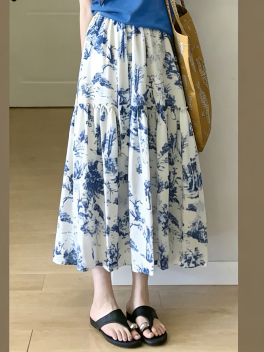 【百图lulu定制】【墨云半裙】【预售4月19日发】行云流水 水墨画 宽松荷叶边带腰带 印花半裙