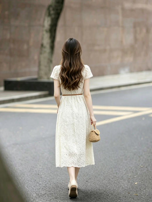 【百图lulu定制】【南法连衣裙】重工蕾丝 刺绣 V 领带腰带 短袖连衣裙 商品图2