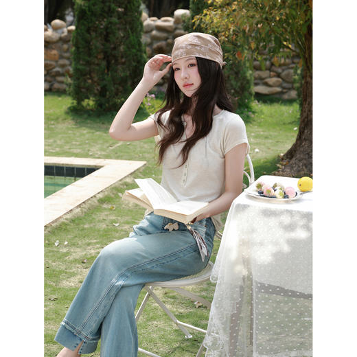 鹿向南「南法假日」毛边蓝色阔腿牛仔裤女夏新款宽松百搭显瘦长裤 商品图4