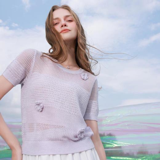 【莱赛尔】三彩2026夏季新款短袖花朵针织衫镂空肌理感套头上衣M 商品图1