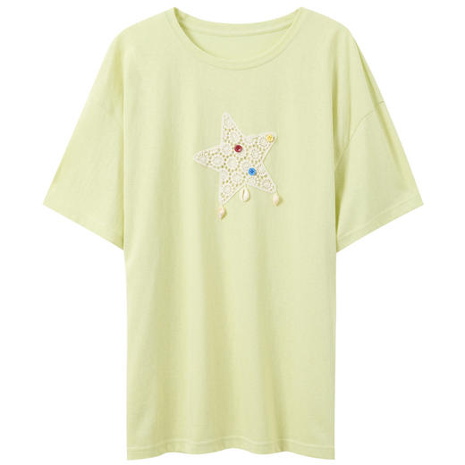 三彩2026夏季新款减龄星星花边贝壳T恤简约宽松落肩袖套头衫M 商品图4