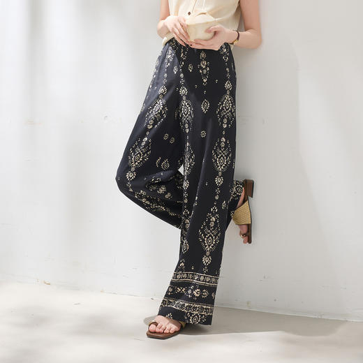 【民族风印花阔腿裤】三彩2026夏季新款休闲裤高腰宽松长裤垂感M 商品图3