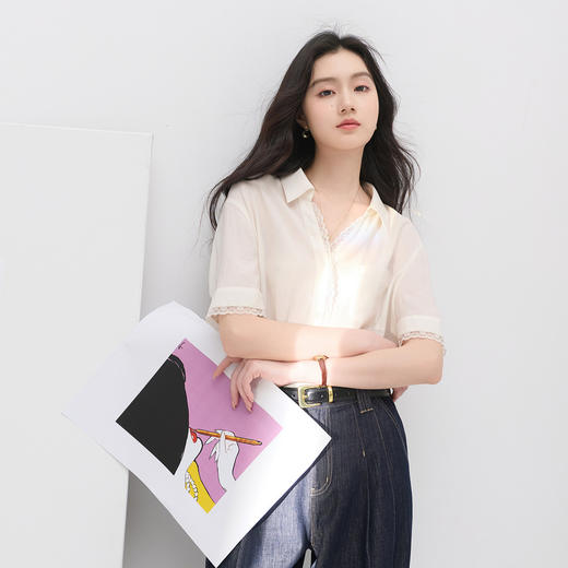 三彩2026夏季新款花边拼接衬衫翻领中袖衬衣宽松上衣S 商品图2