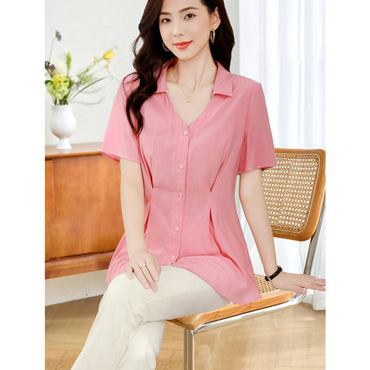 大码宽松遮肚子雪纺衫女2026年夏季新款短袖翻领衬衫女士收腰上衣 商品图4